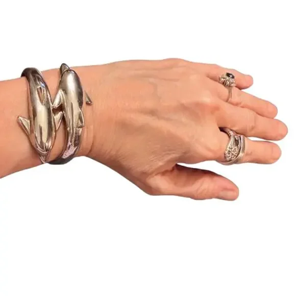 Sterling Silver 925 Twin Dolphin Hinge Bracelet (2.8 oz) - Picture 4 of 8